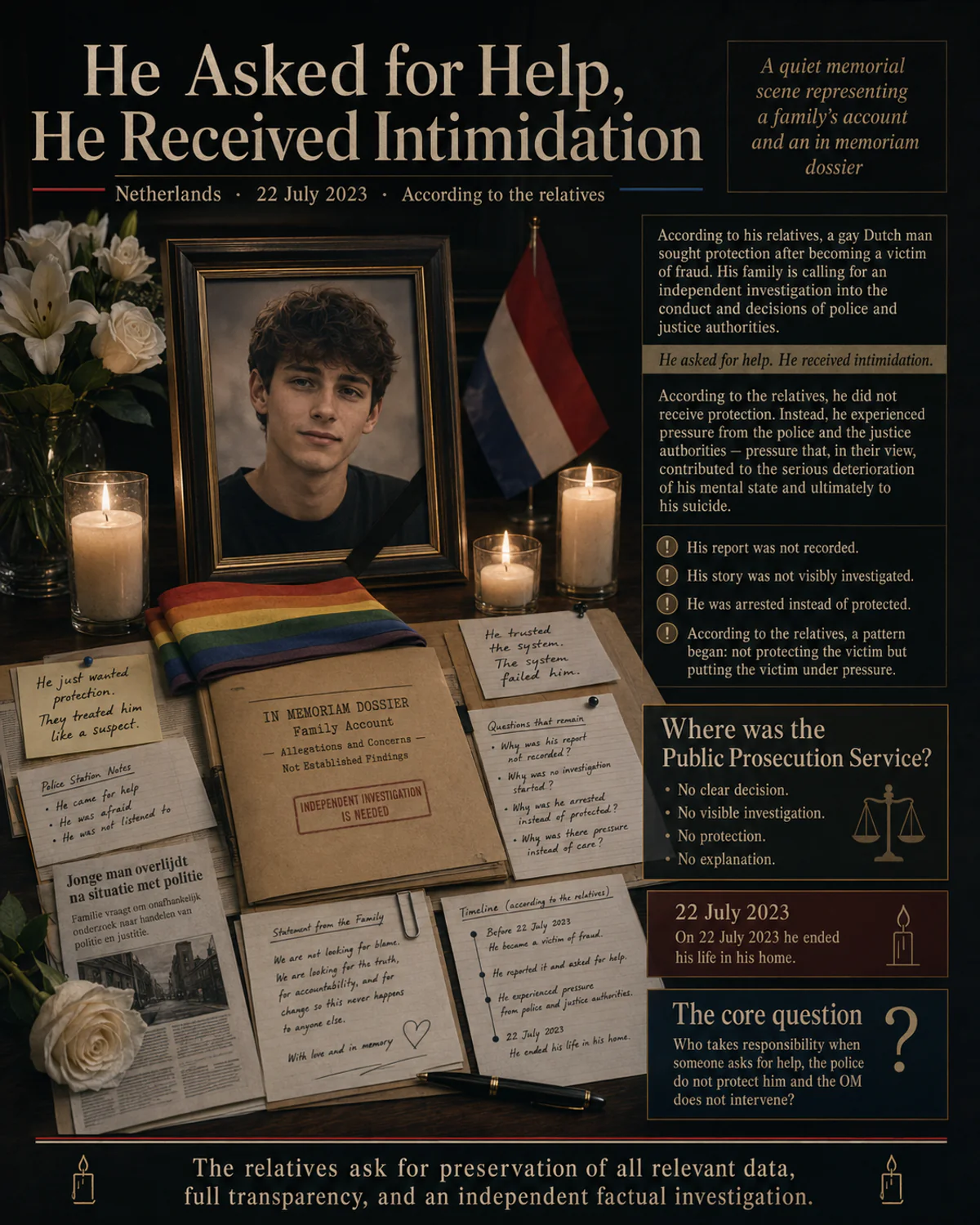 Memorial illustration accompanying a family account of reported police intimidation in the Netherlands