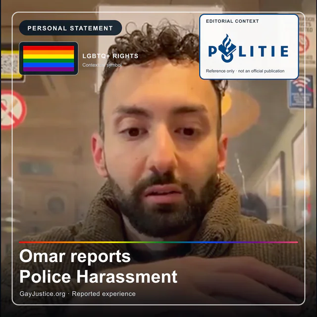Illustrated poster with a rainbow flag, police figures and text introducing Omar's personal statement