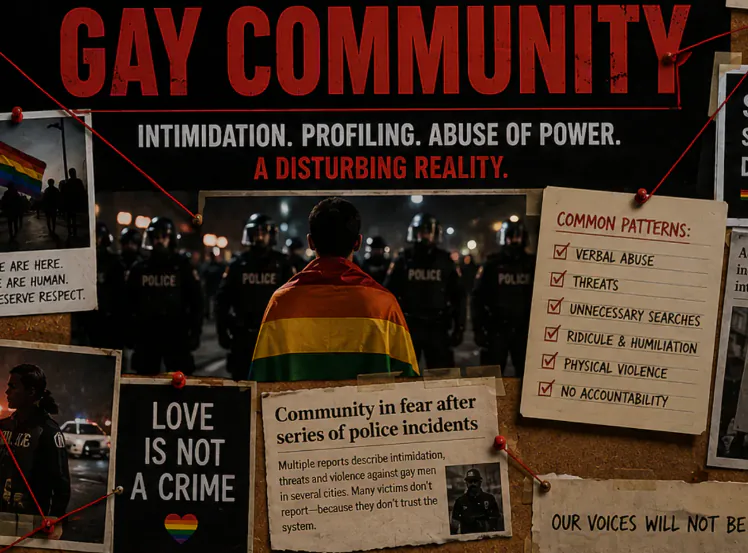 Illustrated Amsterdam protest scene with a rainbow flag, police figures and a GayJustice.org banner