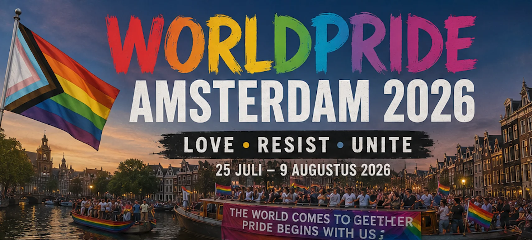 WorldPride Amsterdam 2026 main logo — UNITY kaleidoscope identity with cultural patterns from the Netherlands, the Caribbean Netherlands, Indonesia, Morocco and Turkey