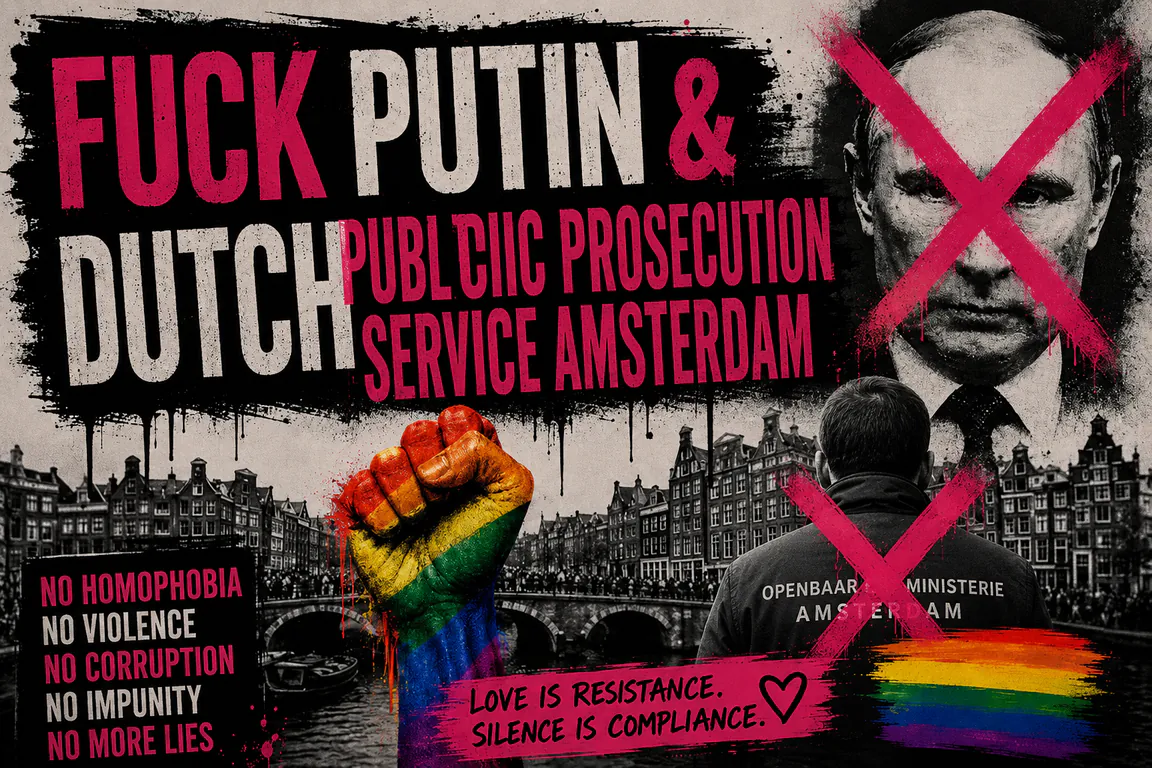 Gay Pride protester holding a rainbow sign opposing Vladimir Putin and anti-LGBTQ+ oppression