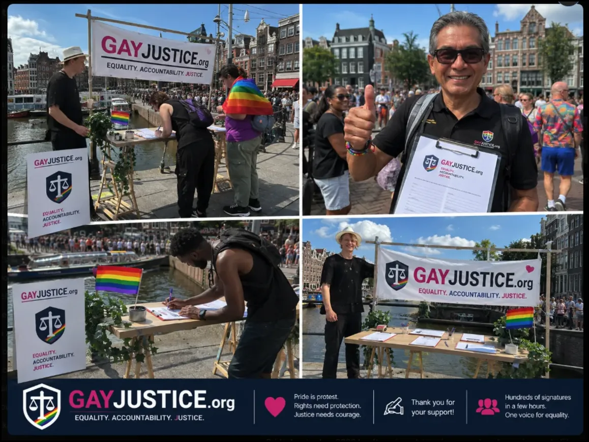 Handtekeningenactie van GayJustice.org tijdens Pride Amsterdam 2026 voor een onafhankelijk onderzoek naar politie-intimidatie en discriminatie