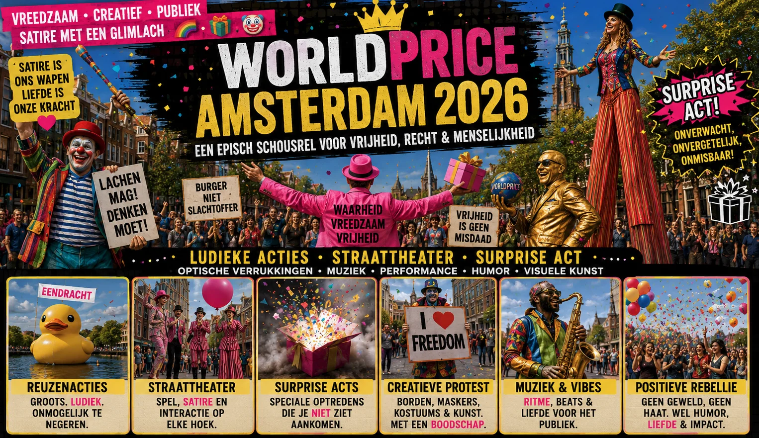 GayJustice.org playful actions flyer — WorldPride Amsterdam 2026 with spontaneous street theater actions, surprise acts and peaceful protest forms for LGBTQIA+ rights