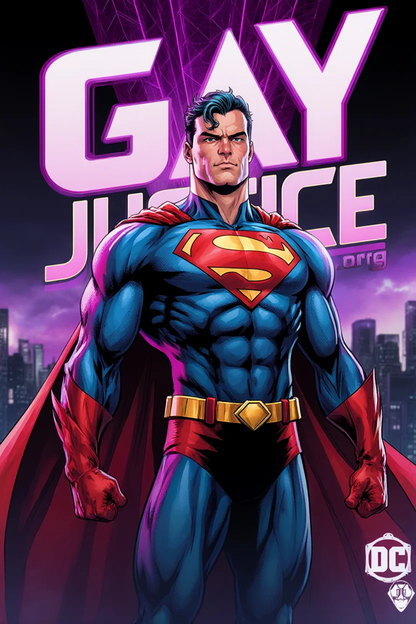 GayJustice.org superhero illustration: Superman figure symbolises courage and peaceful resistance against gay hate, intimidation and abuse of power
